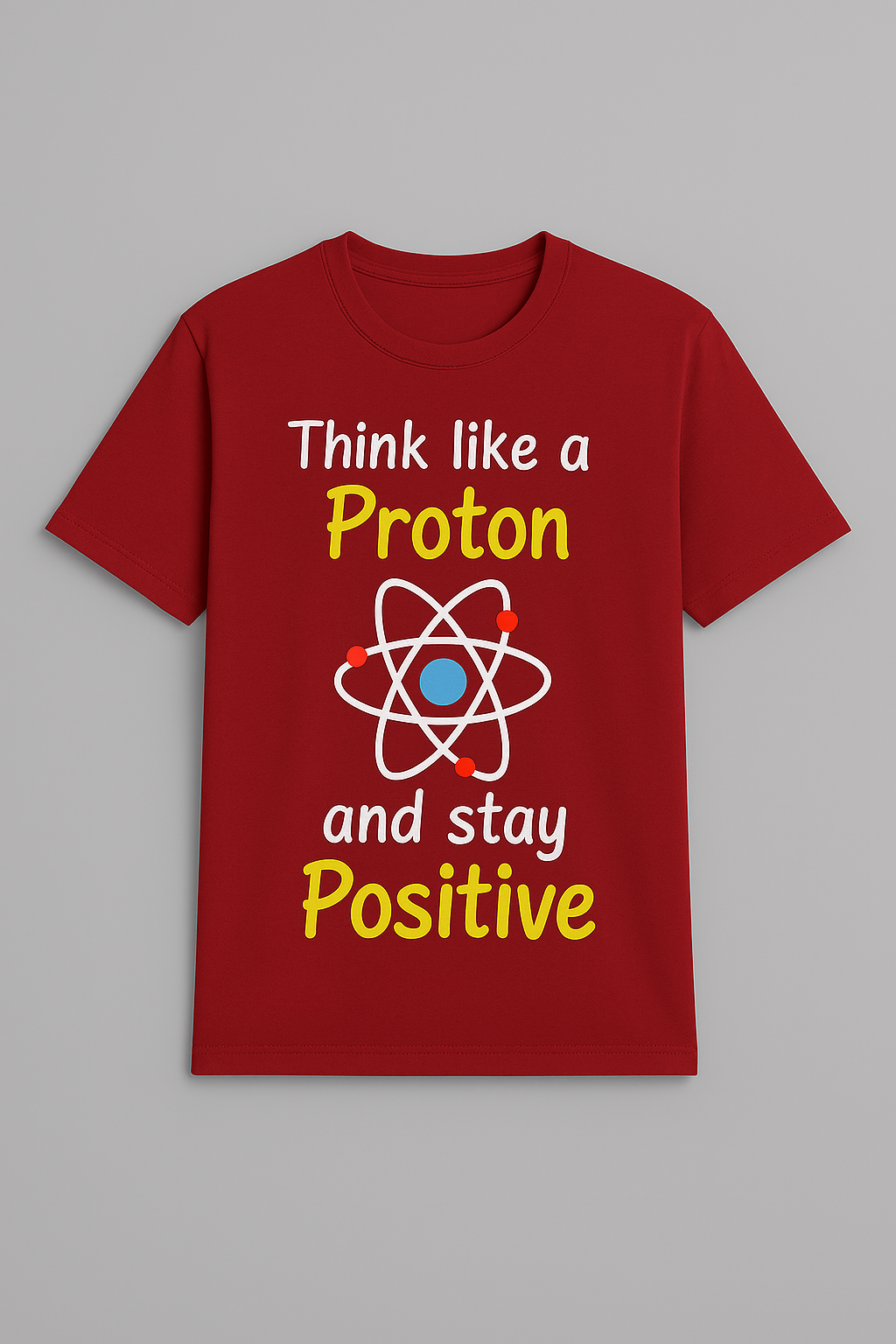 Red t-shirt with atomic design and text on a gray background