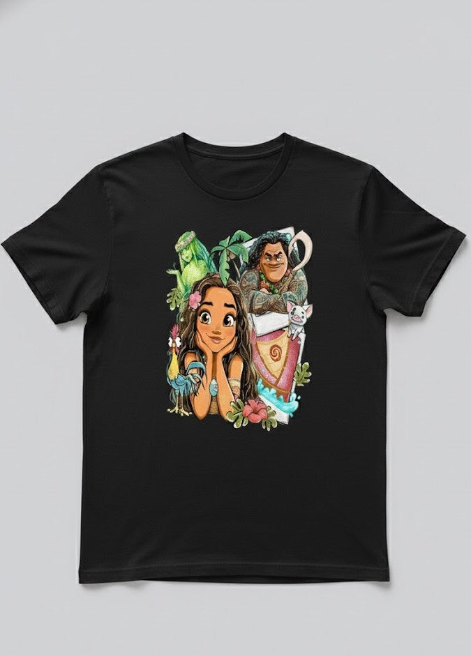 Black t-shirt with colorful graphic design on a gray background