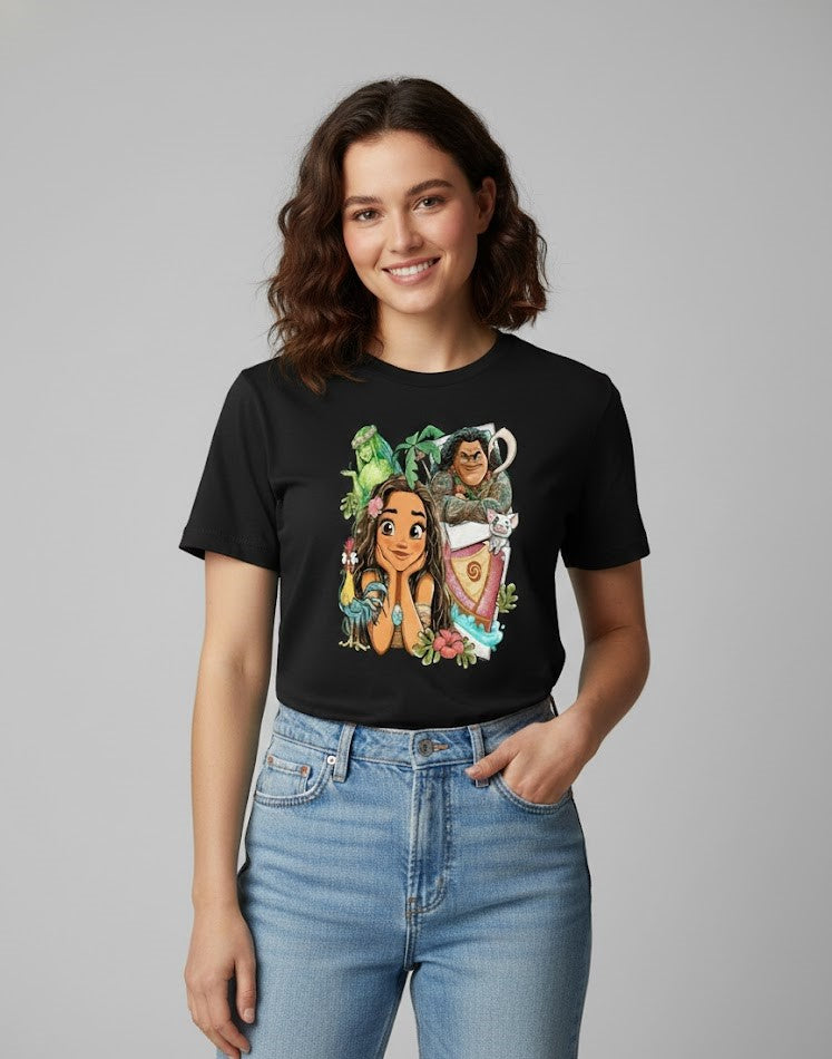 Person wearing a Black t-shirt with a colorful graphic design on a gray background