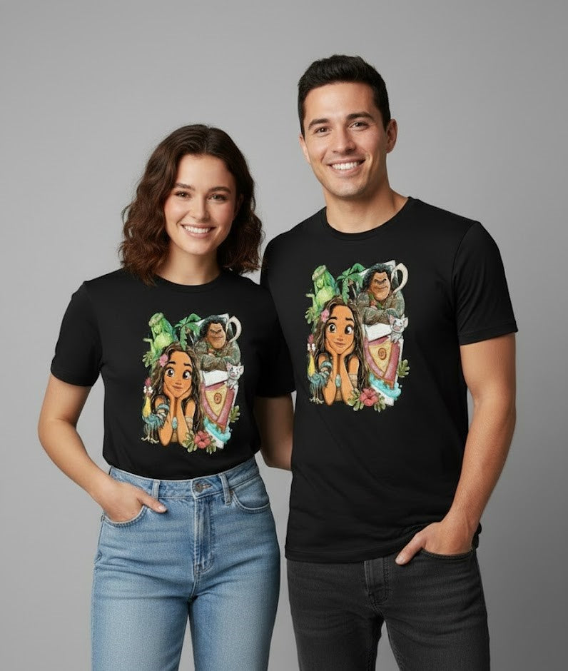 Two people wearing Black t-shirts with a colorful graphic design on a gray background