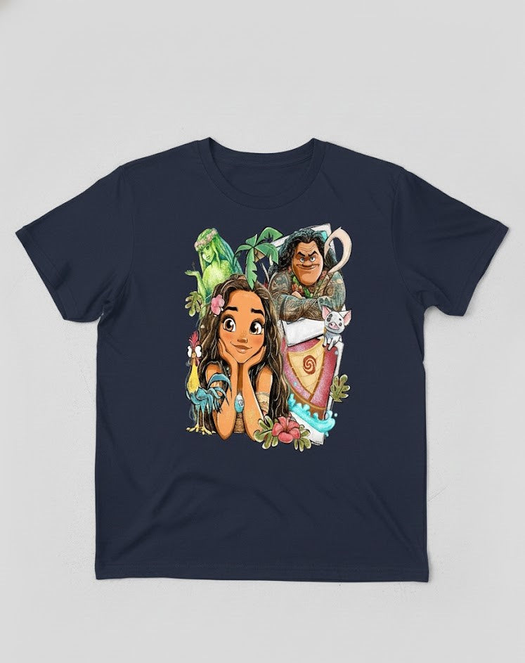 Navy blue t-shirt with cartoon characters and animals on a gray background