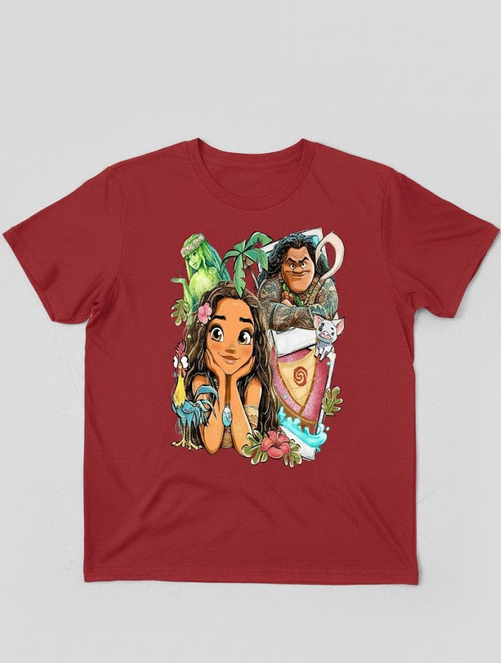 Red t-shirt with cartoon character design on a white background