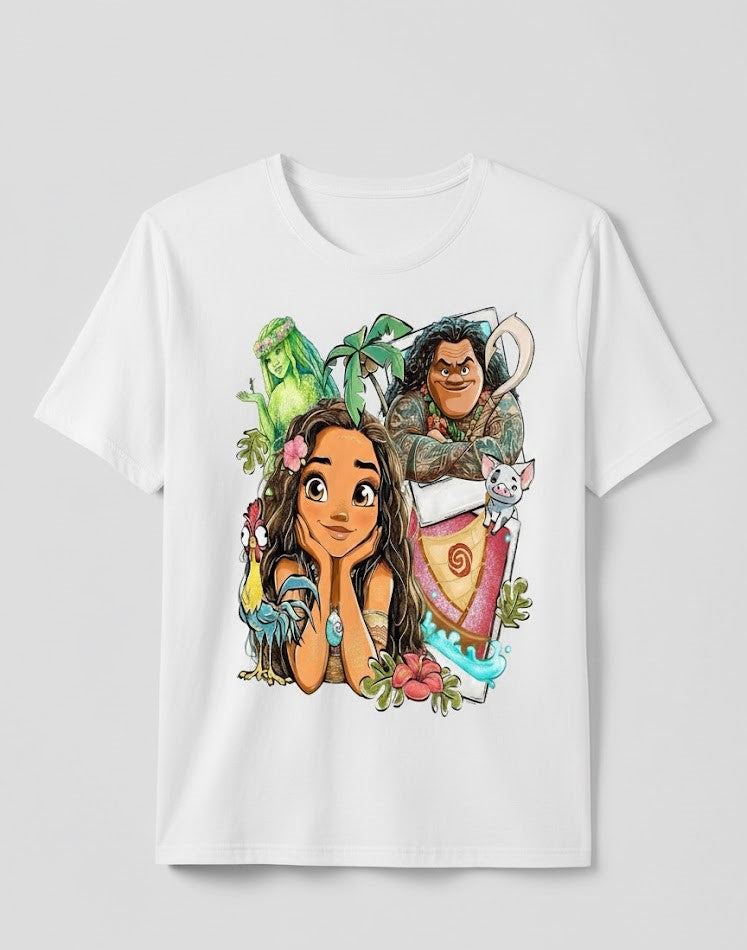 White t-shirt with cartoon characters and colorful graphics on a light gray background